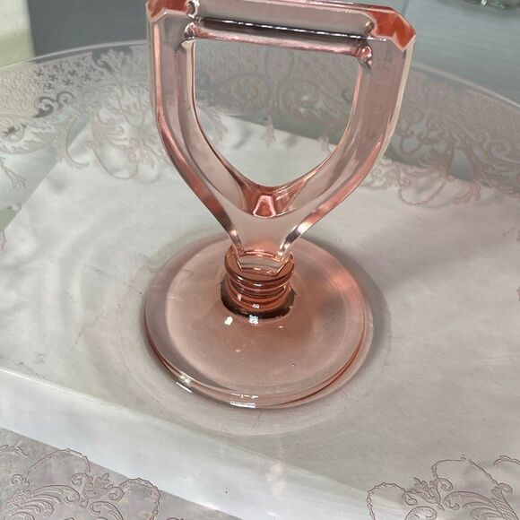 Pink Depression glass etched floral scroll pattern oval platter handle. - Picture 3 of 13